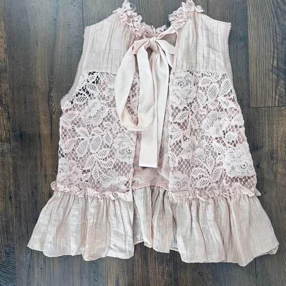 ALEXIS Pink Floral Lace Peplum Top XS Cottagecore Coquette Sleeveless Tie Back - Picture 5 of 9